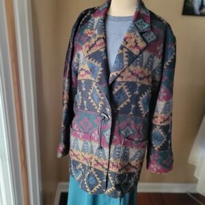 Vintage M.J. Carroll Geometric Southwestern Aztec Wool Blend Coat Jacket Size L